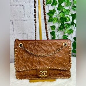 RARE Chanel Caramel Embossed Leather Camellia Whipstitch Shoulder Bag FULL SET